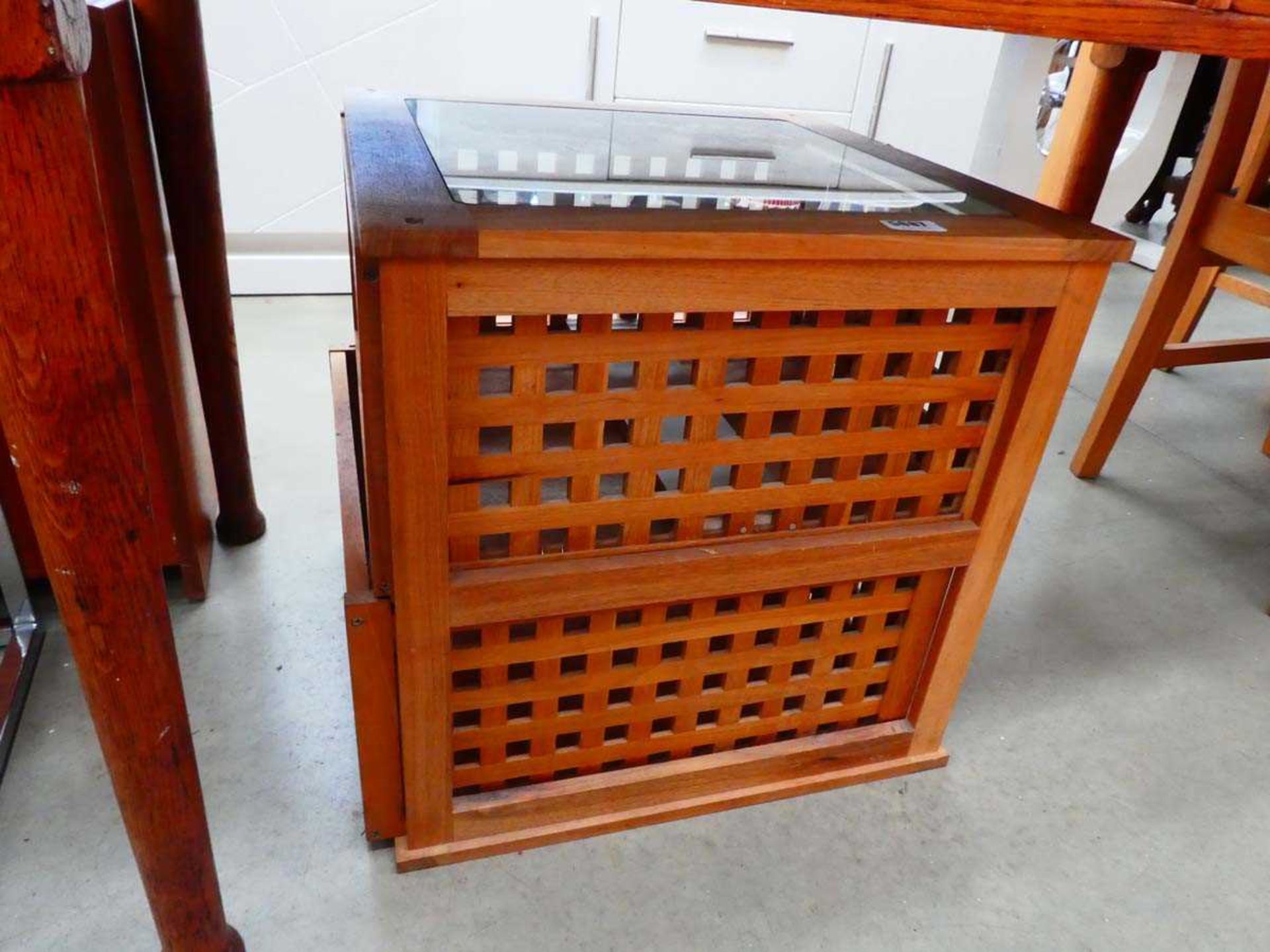 Square fretwork lamp table with glass surface