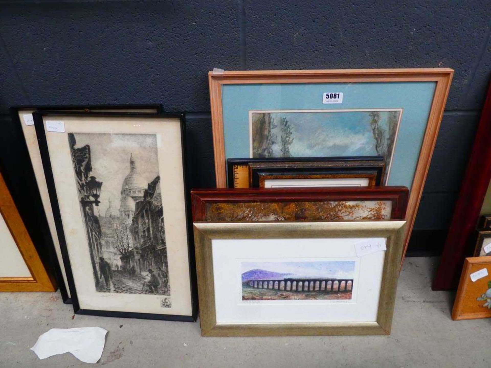 Five pictures, to include embroidery, pastel, rural scene, cries of London, viaduct with train