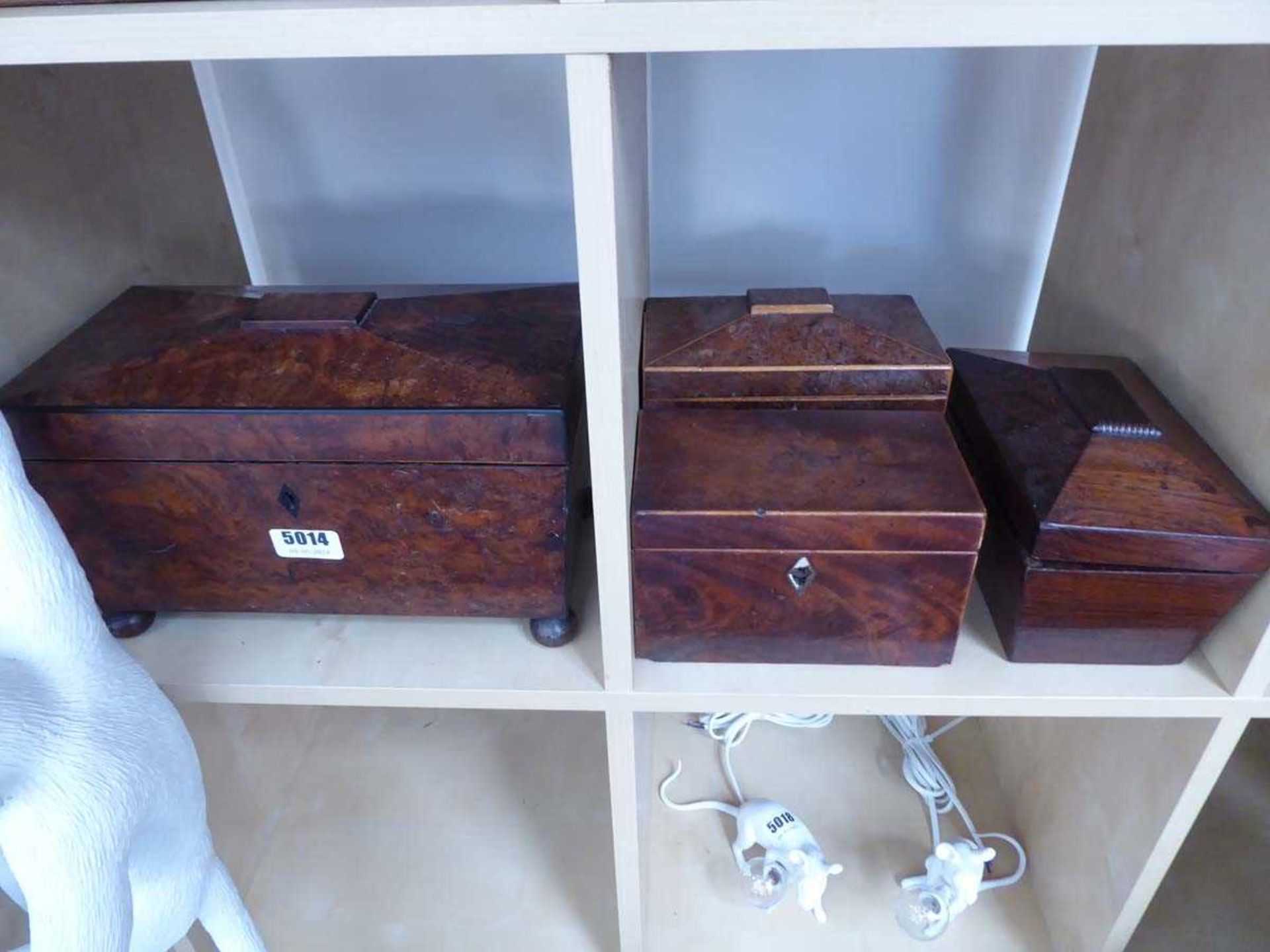 Four 19th century tea caddies in walnut, mahogany, yew and rosewood For restoration