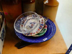 Brass trivet, silver plated dish plus crockery and a glass fruit bowl