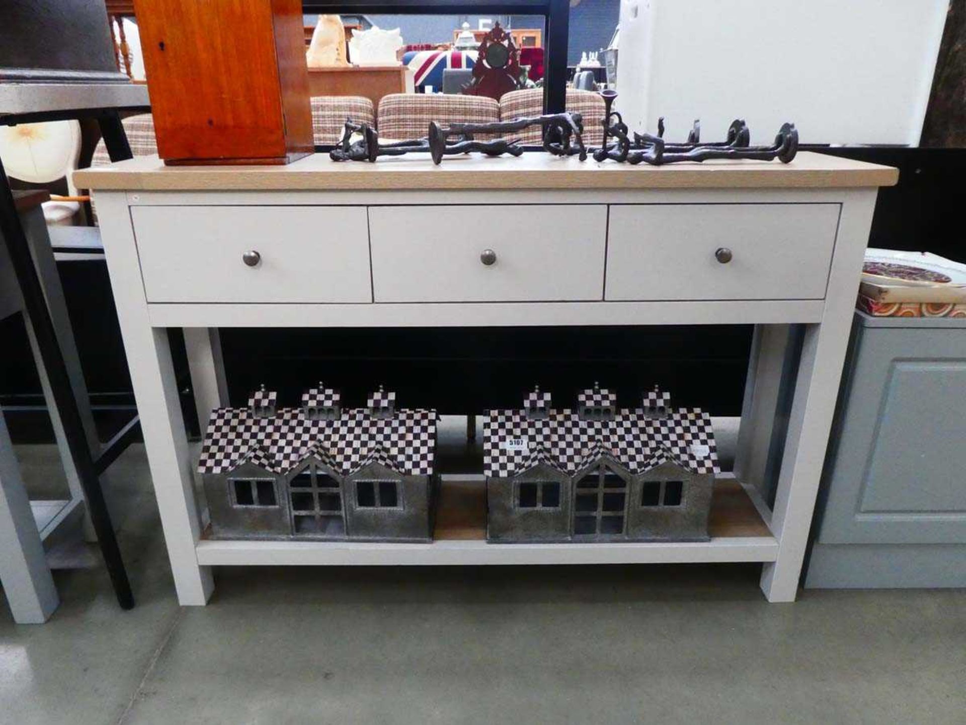 Oak effect and painted three drawer console table with shelf under