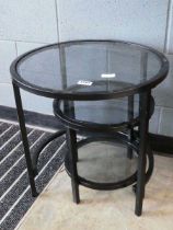 2 x black metal and glazed circular side tables