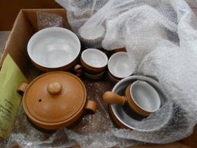 Box containing a quantity of Denby Cotswold acorn patterned crockery