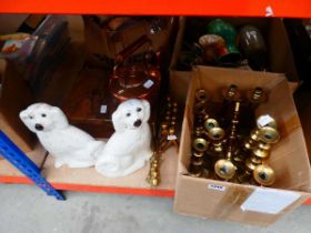 Box containing brass candlesticks, pair of Staffordshire dogs, trivet with copper kettle,