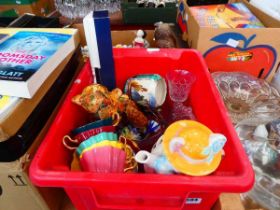 Box containing animal figures, Royal Stewart and other crockery plus glassware