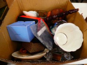 Box containing treen, glassware, paperweight, candlestick, and general household goods