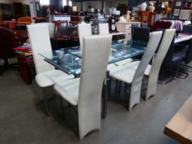 Chromed and glazed drawer leaf dining table plus 6 chairs