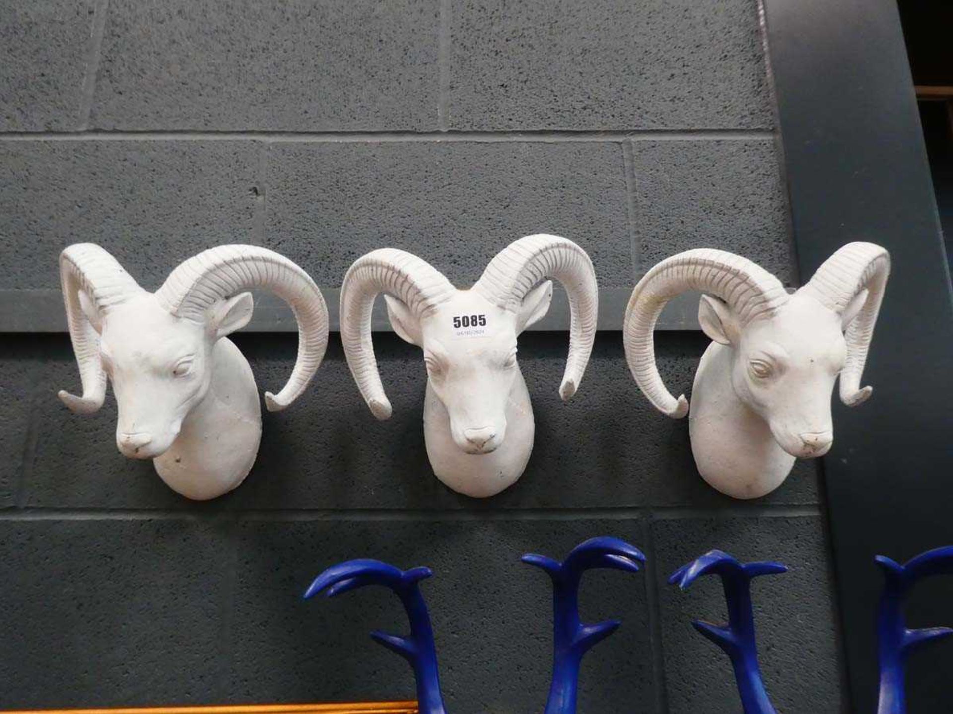 Three plaster figures of rams heads