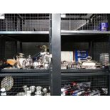 2 cages containing silver plate inc. boxed and loose cutlery, sugar shaker, hairbrushes, basket