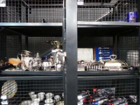 2 cages containing silver plate inc. boxed and loose cutlery, sugar shaker, hairbrushes, basket