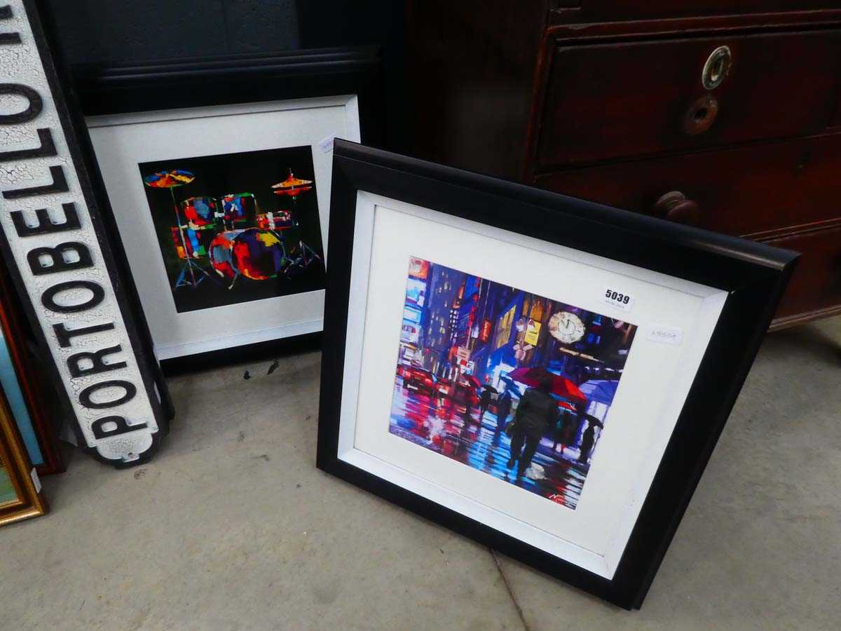 4 x framed and glazed prints depicting musical instruments and a townscape