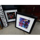 4 x framed and glazed prints depicting musical instruments and a townscape