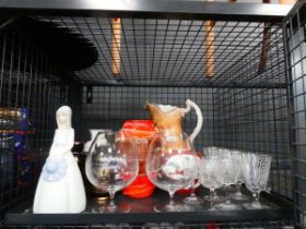 Cage containing sherry and wine glasses, brandy snifters, Nao style figure, studio pottery, and jug