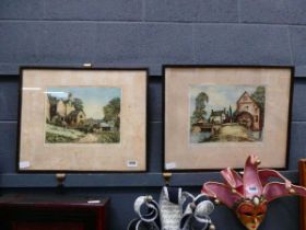 Two pairs of prints, rural scene entitled Upland Farm and the Mill, plus urban scenes