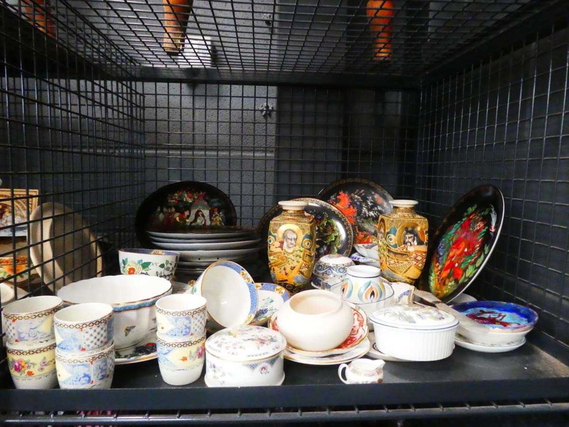 Cage containing modern oriental ceramics plus Denby and Wedgwood china