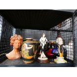 Cage containing Japanese vases, various figures, icon, plus red glazed vases