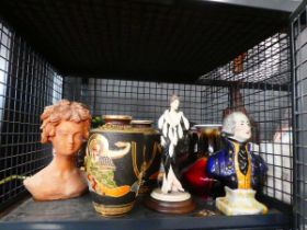 Cage containing Japanese vases, various figures, icon, plus red glazed vases