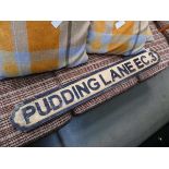 (2) Painted wooden "Pudding Lane" road sign