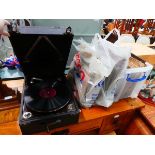 Columbia wind up gramophone, plus box and two bags of shellac records