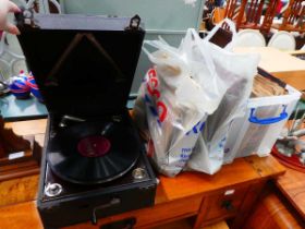 Columbia wind up gramophone, plus box and two bags of shellac records