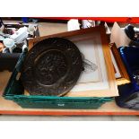 Box containing a quantity of prints to include moths and flowers plus a brass tray