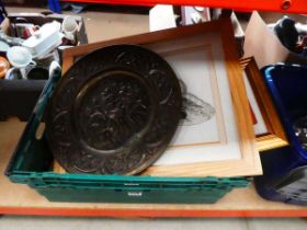 Box containing a quantity of prints to include moths and flowers plus a brass tray