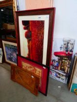 Wooden serving tray plus a batik with fish and a print of Tuscan scene