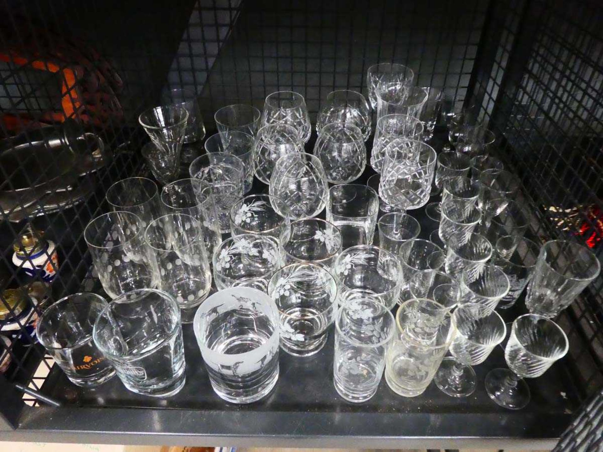 Cage containing a quantity of sherry and wine glasses plus tumblers