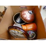 Box containing quartz clock, copper warmer, pewter mugs, milk jug and glassware