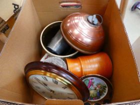 Box containing quartz clock, copper warmer, pewter mugs, milk jug and glassware