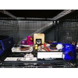 Cage containing TY teddy bear, wristwatches, costume jewellery, and crocker