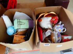 2 x boxes containing a piggy bank, tea pot, dishes, household goods and kitchen storage vessels