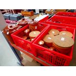 2 x plastic crates containing terracotta Mr Brannam's Pottery storage vessels plus 2 bread crocks