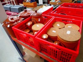 2 x plastic crates containing terracotta Mr Brannam's Pottery storage vessels plus 2 bread crocks