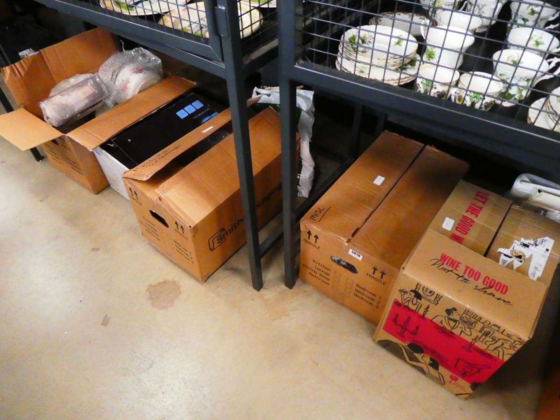 2 underbays with 6 boxes containing household crockery, Johnson Brothers, plus Sylvac bowls and