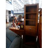 Narrow pine bookcase with 2 drawers, plus console table, lamp table, and coffee table