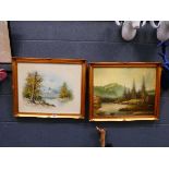 Pair of oils on canvas, rural scenes with lake, woodland and mountain