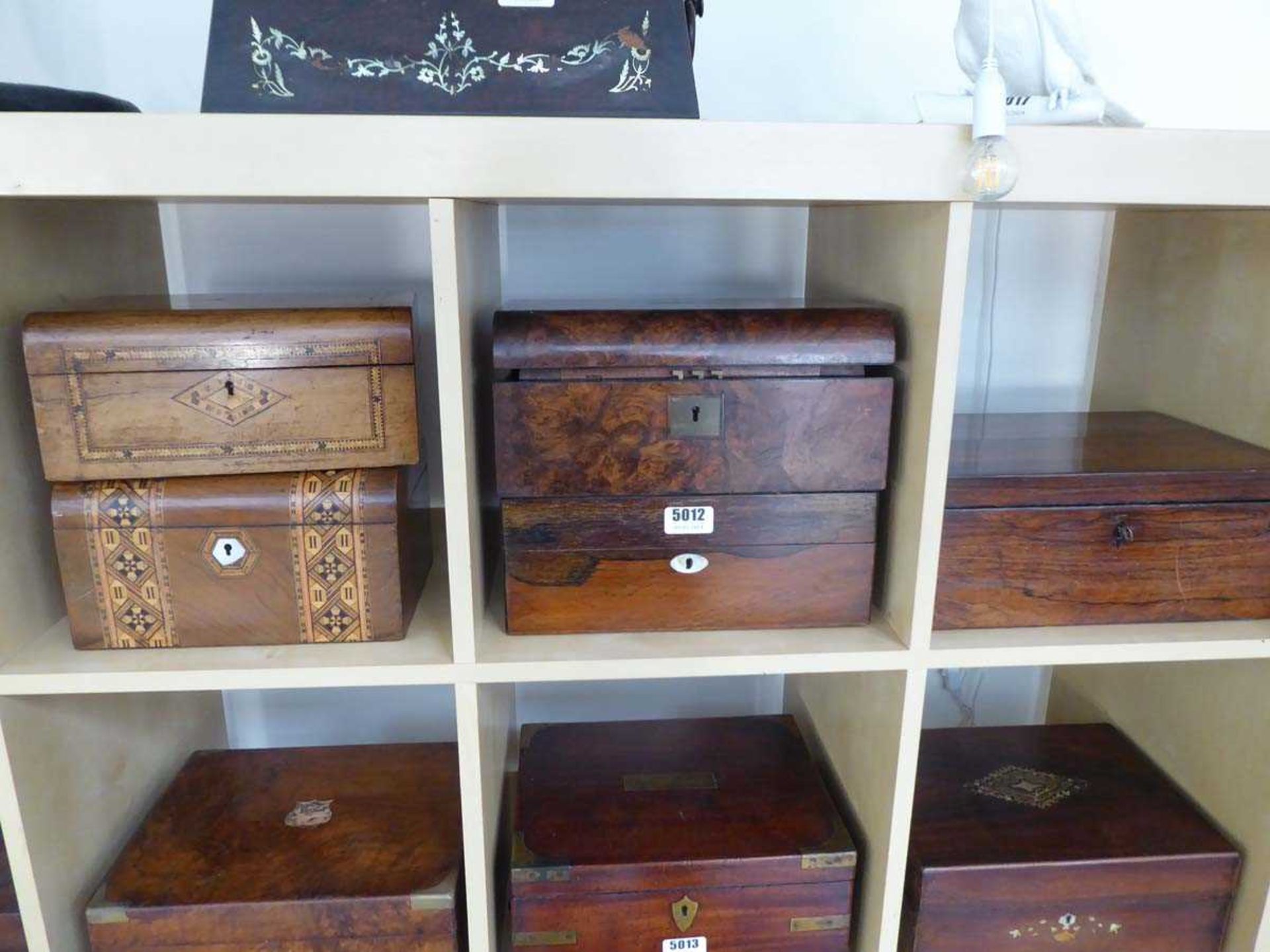 Five various Victorian sewing boxes in walnut, mahogany and rosewood For restoration