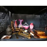 Cage containing glass vases, brass candle sticks, desk tidy, bookends and North African deer