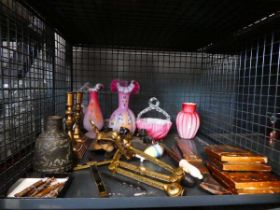 Cage containing glass vases, brass candle sticks, desk tidy, bookends and North African deer