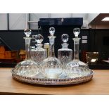 Silver plated gallery tray plus five decanters