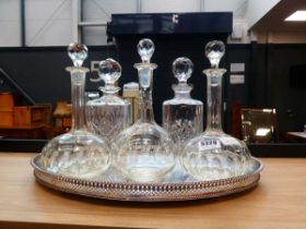 Silver plated gallery tray plus five decanters