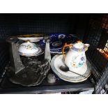 Cage containing pewter candlesticks, blue and white and other plates plus a dish and teapot