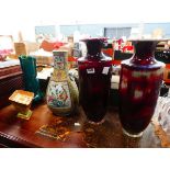Pair of red glazed Ruskin style vases, a Cantonese vase, and 2 others