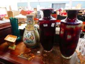 Pair of red glazed Ruskin style vases, a Cantonese vase, and 2 others