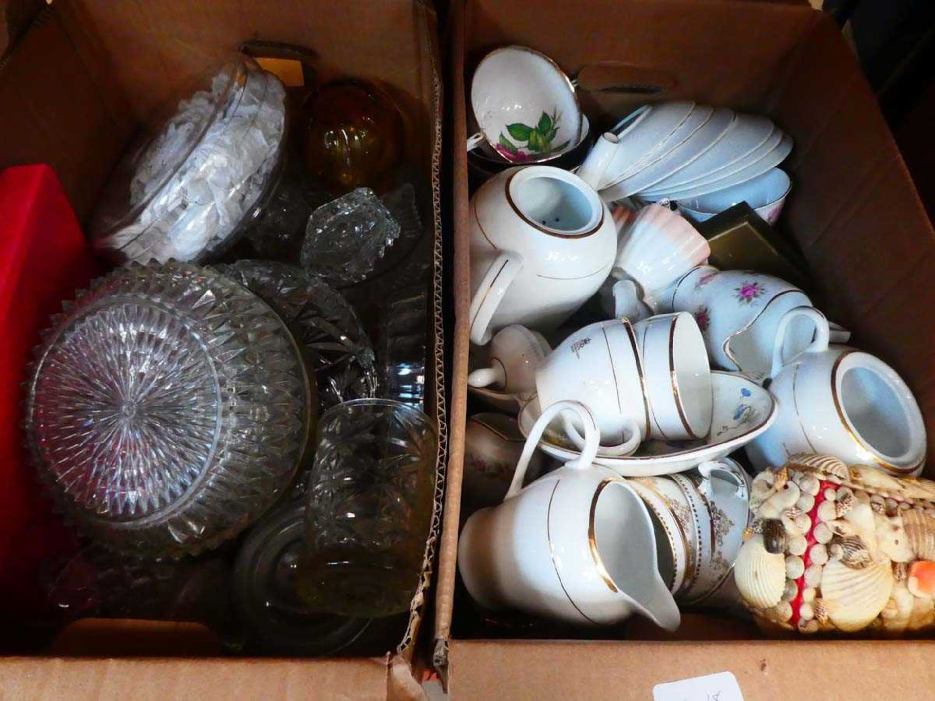 4 x boxes containing glass dishes, gold rimmed crockery, shell jewellery box, various ornaments - Image 2 of 3