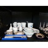 Cage containing Wedgwood floral patterned crockery, plus cake slice lidded tureen and side plates