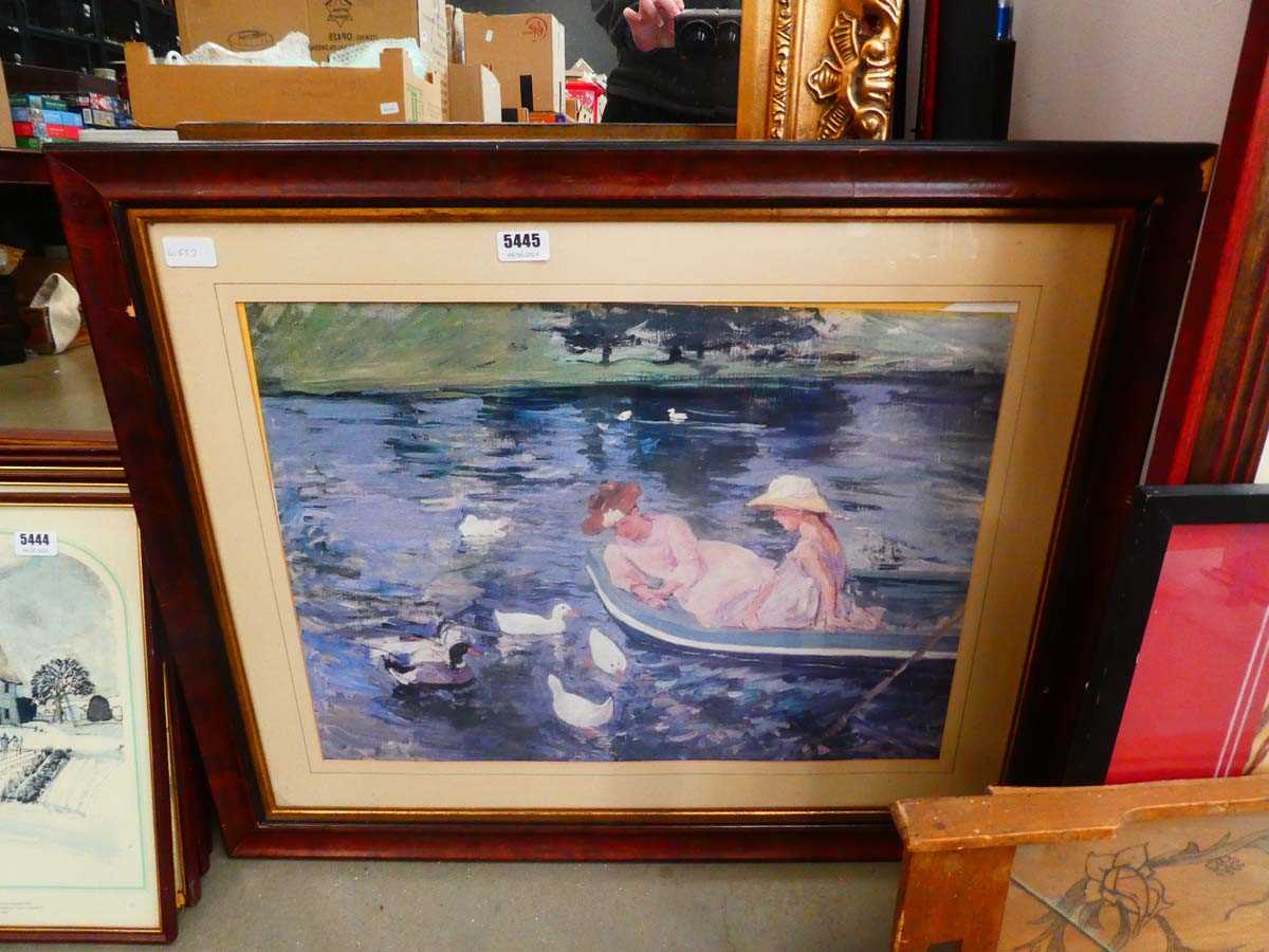 Impressionist print - figures in boat feeding ducks