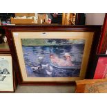 Impressionist print - figures in boat feeding ducks