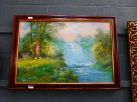 Modern oil on canvas, sheep woodland waterfall